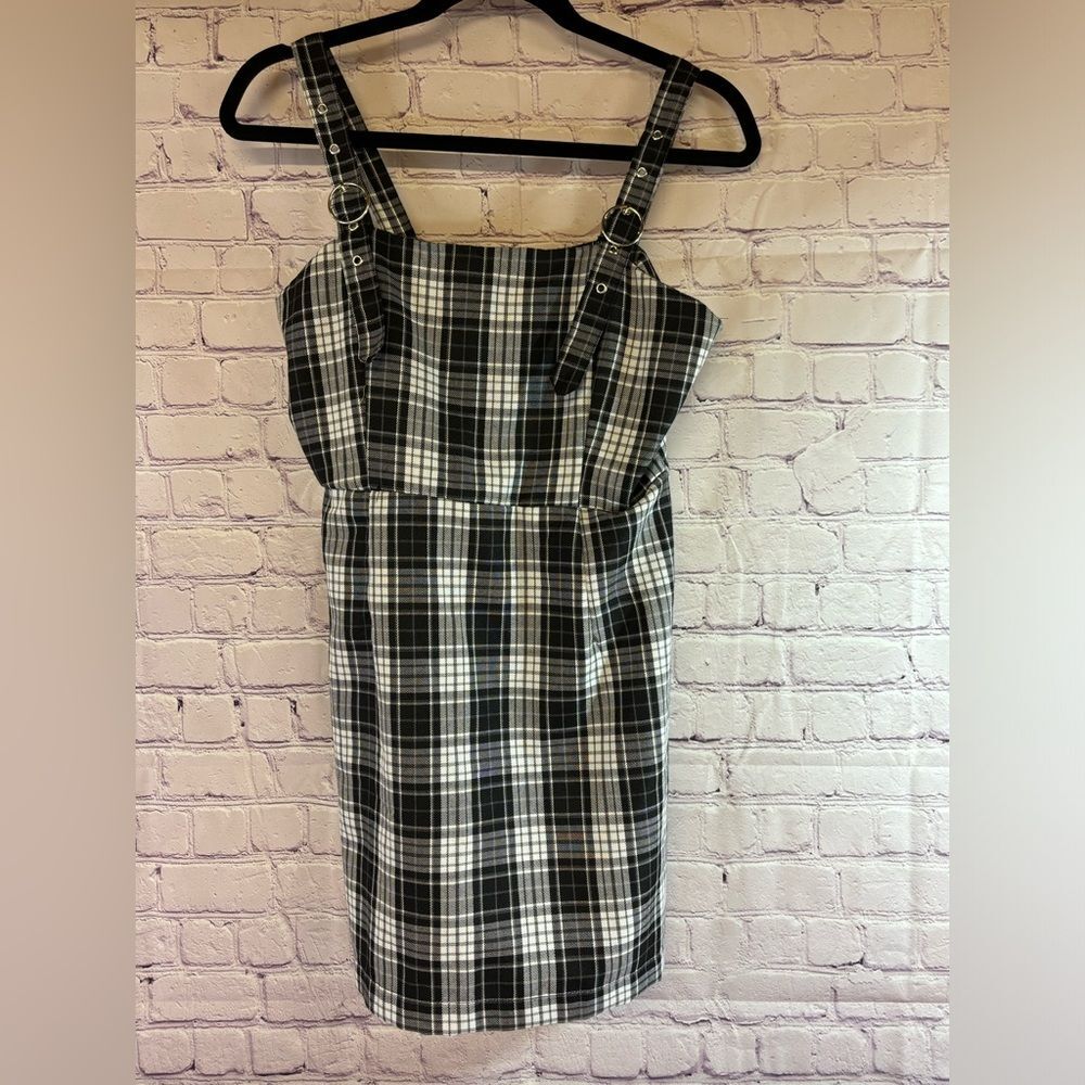 Forever 21 Black and White Plaid Indie Sleeze Grunge Overall Mini Dress Size M